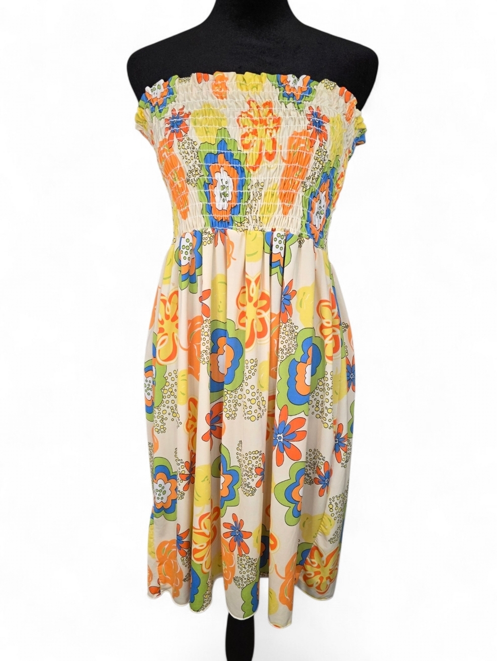 Vintage Y2K Retro Floral Smocked Strapless Sundress Size L Boho 70s Revival USA